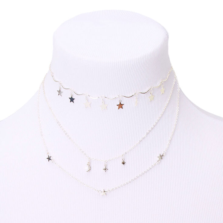 Collier multi-rangs &eacute;toiles couleur argent&eacute;,