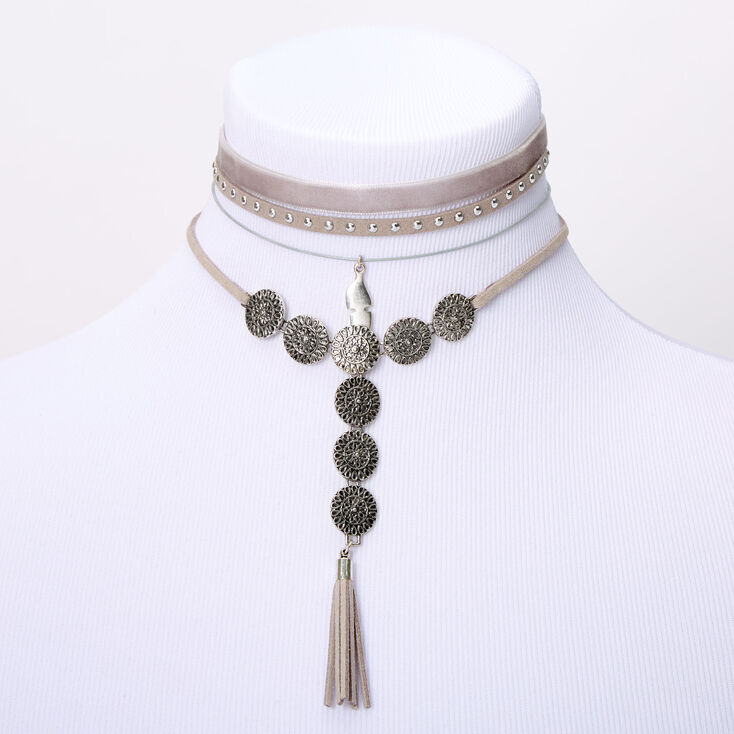 Silver Studded Medallion Choker Necklaces - Grey, 4 Pack,