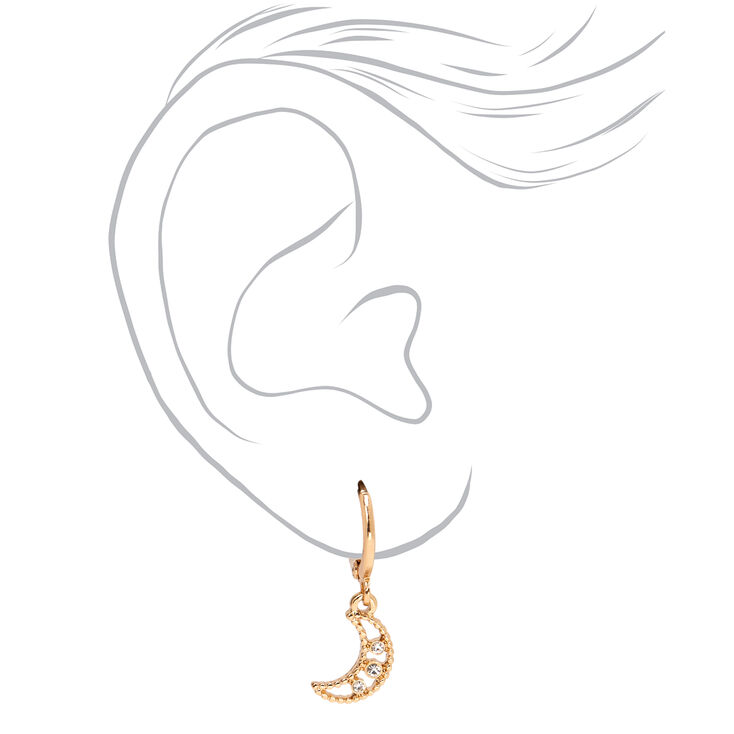 Gold 10MM Embellished Moon Huggie Hoop Earrings,