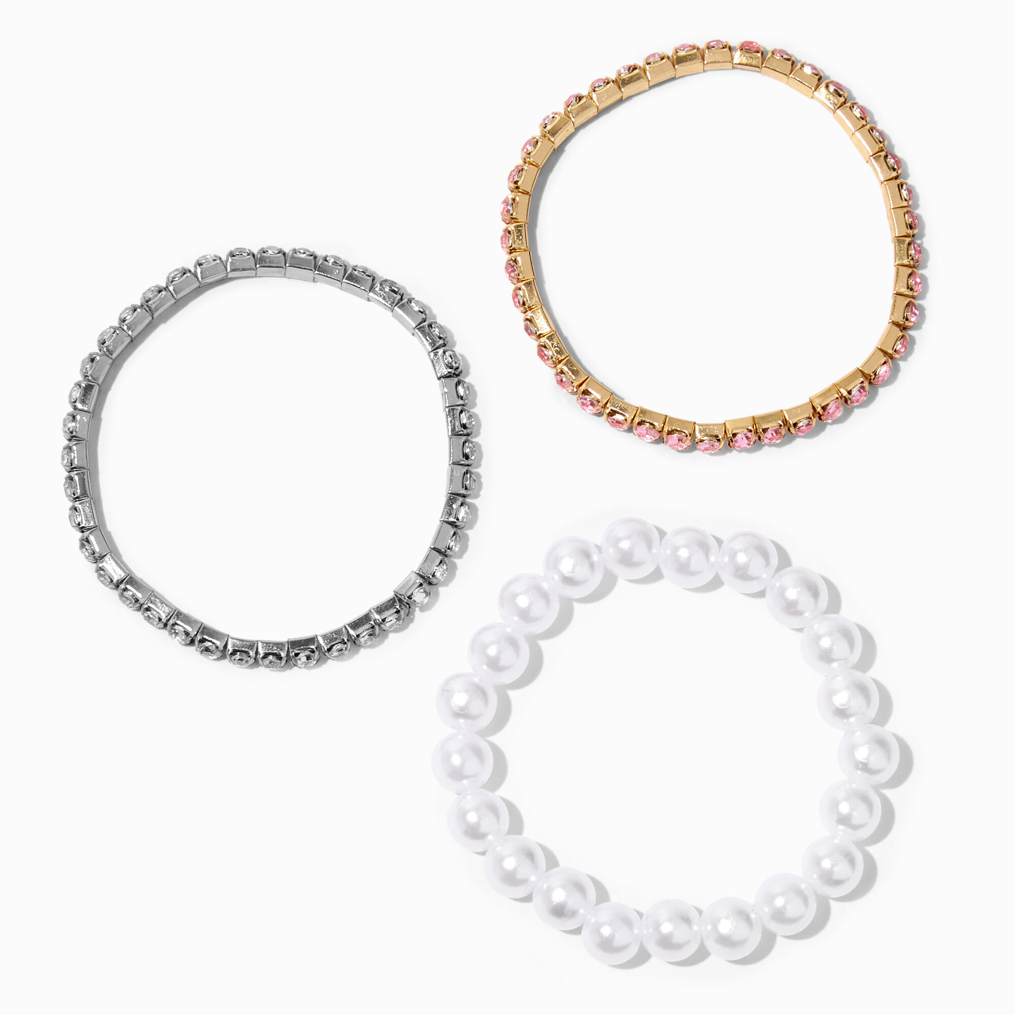 View Claires Club Mixed Metal Pearl Stretch Bracelets 3 Pack Gold information
