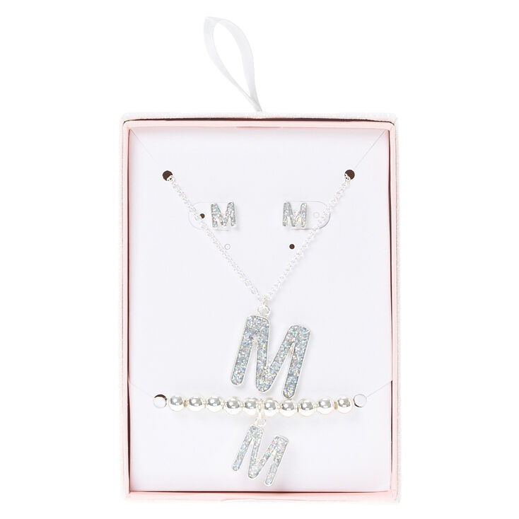 Silver Iridescent Glitter Initial Letter M Jewelry Set Claire S Us