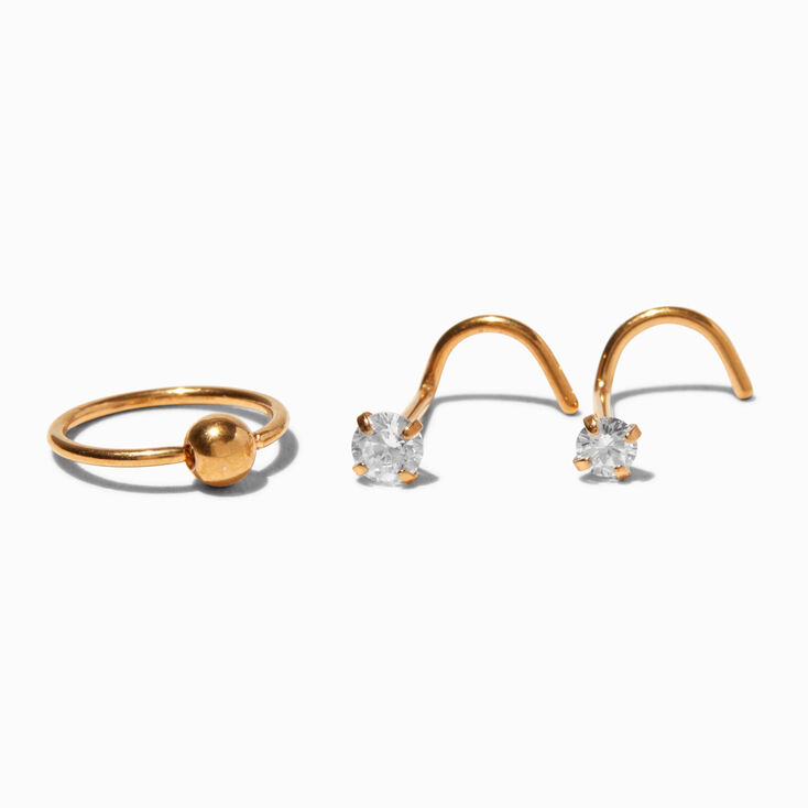 20G Gold-tone Titanium Crystal Nose Stud &amp; Hoops - 3 Pack,