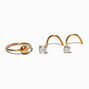 20G Gold-tone Titanium Crystal Nose Stud &amp; Hoops - 3 Pack,
