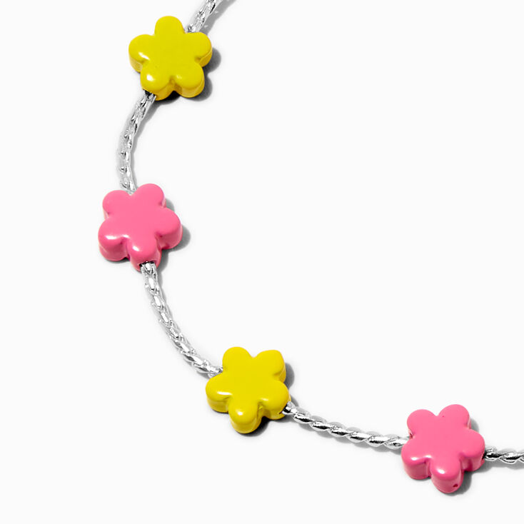 Silver-tone Pink &amp; Yellow Flower Bolo Bracelet,