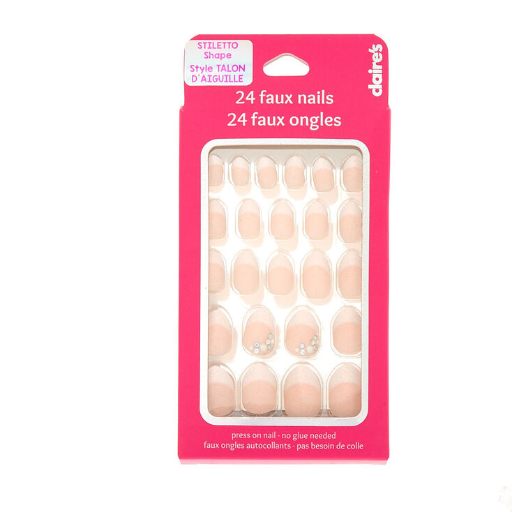 Lot de 24 faux ongles autocollants french manucure bleus &agrave; paillettes effet ombr&eacute;,