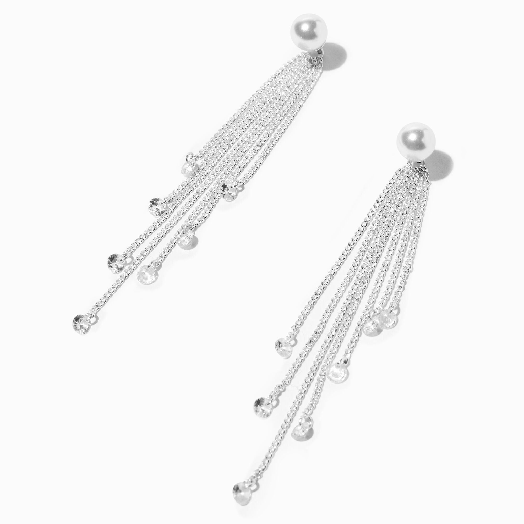Pendantes 8 cm frange confettis en zircon cubique d'imitation et perle d'imitation couleur argentée,