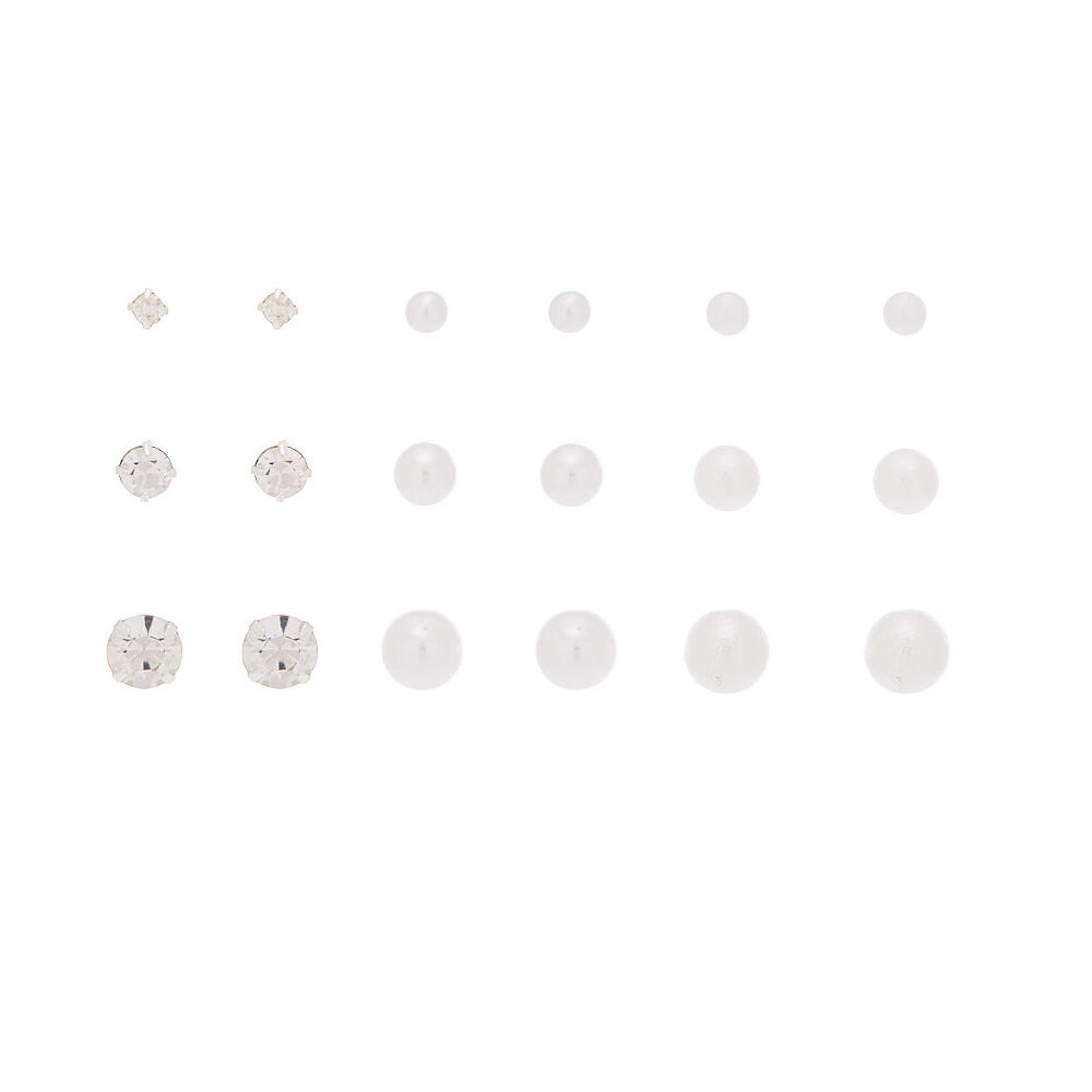 Silver Graduated Crystal Pearl Stud Earrings - 9 Pack,
