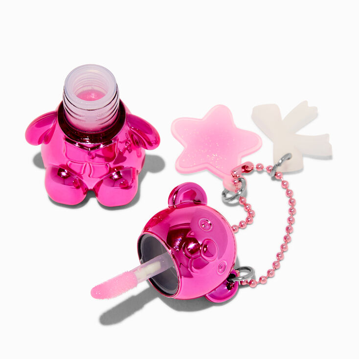 Hot Pink Teddy Bear Strawberry Lip Gloss Keychain ,