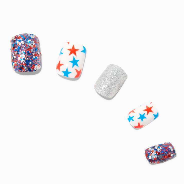 Stars &amp; Stripes Glittery Square Press On Faux Nail Set - 24 Pack,
