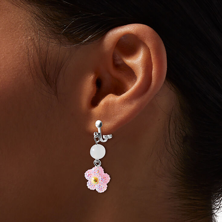 UV Color-Changing Pink Daisy Clip-On Drop Earrings,