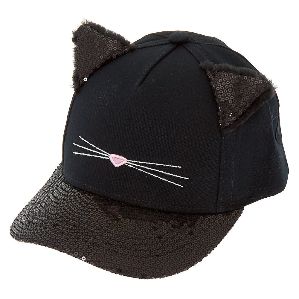 Lux Accessories Black Sequin Cat Ear Baseball Cap Dat Hat Trendy Hat for Girls 