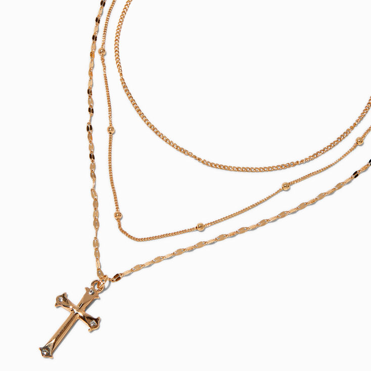 Gold-tone Cross Pendant Multi-Strand Necklace ,