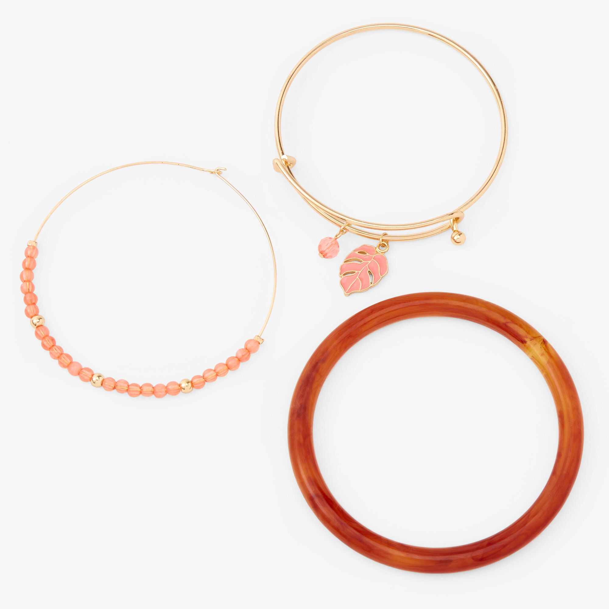 Gold & Pink Tropical Palm Leaf Bangle Bracelets - 3 Pack,