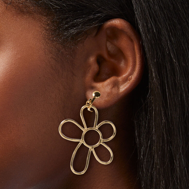 Gold Daisy Outline 1&quot; Clip-On Drop Earrings,