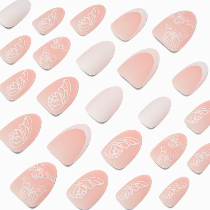 Butterfly French Short Almond Vegan Faux Nail Set - 24 Pack,