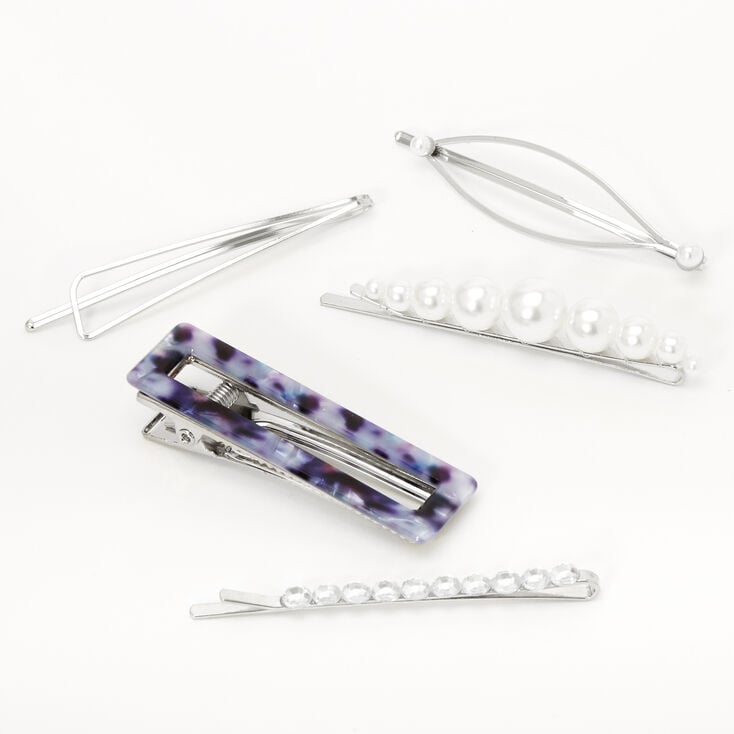 Silver Pearl Tortoiseshell Geometric Hair Pins - Blue, 6 Pack,