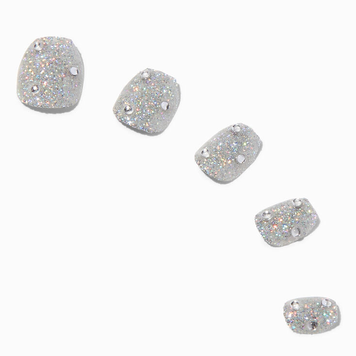 Holographic Silver Gem Square Press On Vegan Faux Nail Set - 24 Pack,