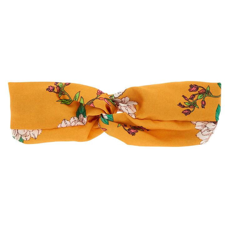 Bandeau en forme de turban floral couleur moutarde,