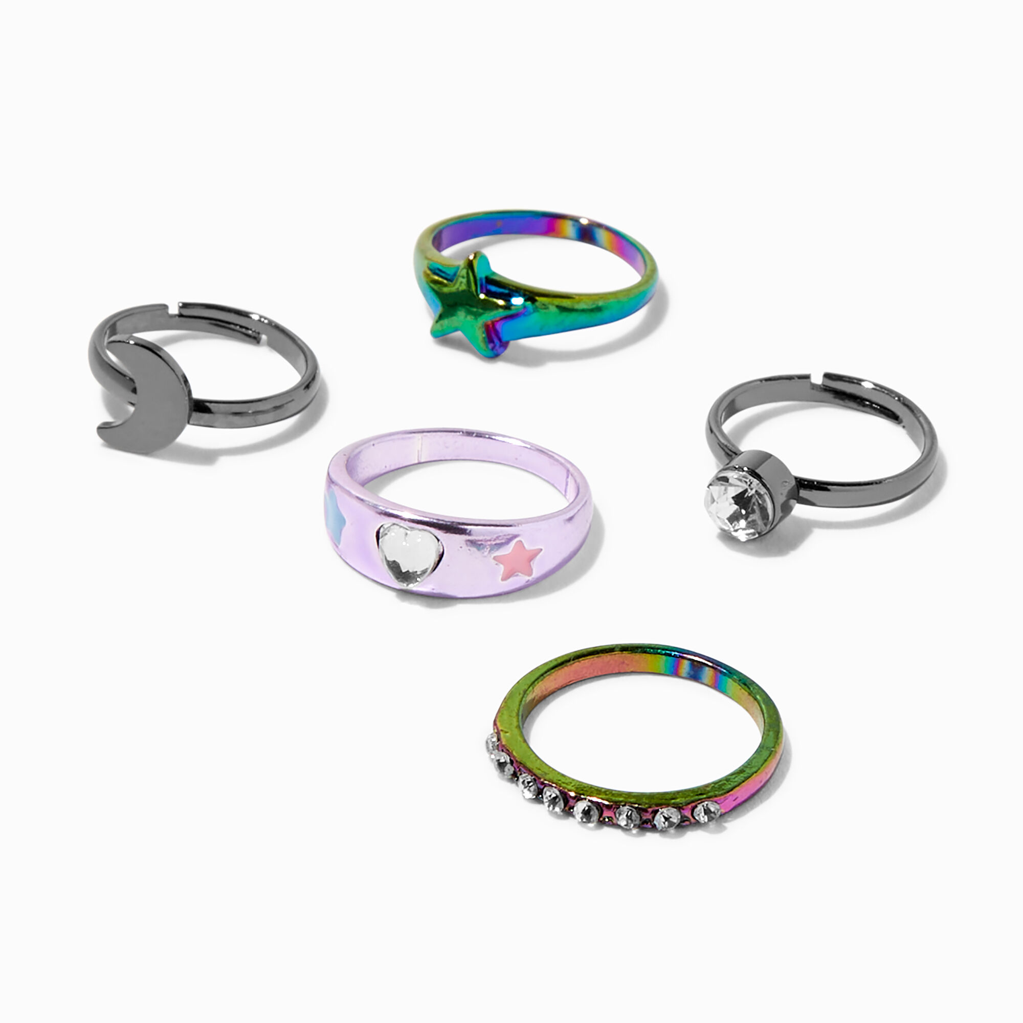 View Claires Club Mixed Metals Celestial Rings 5 Pack information