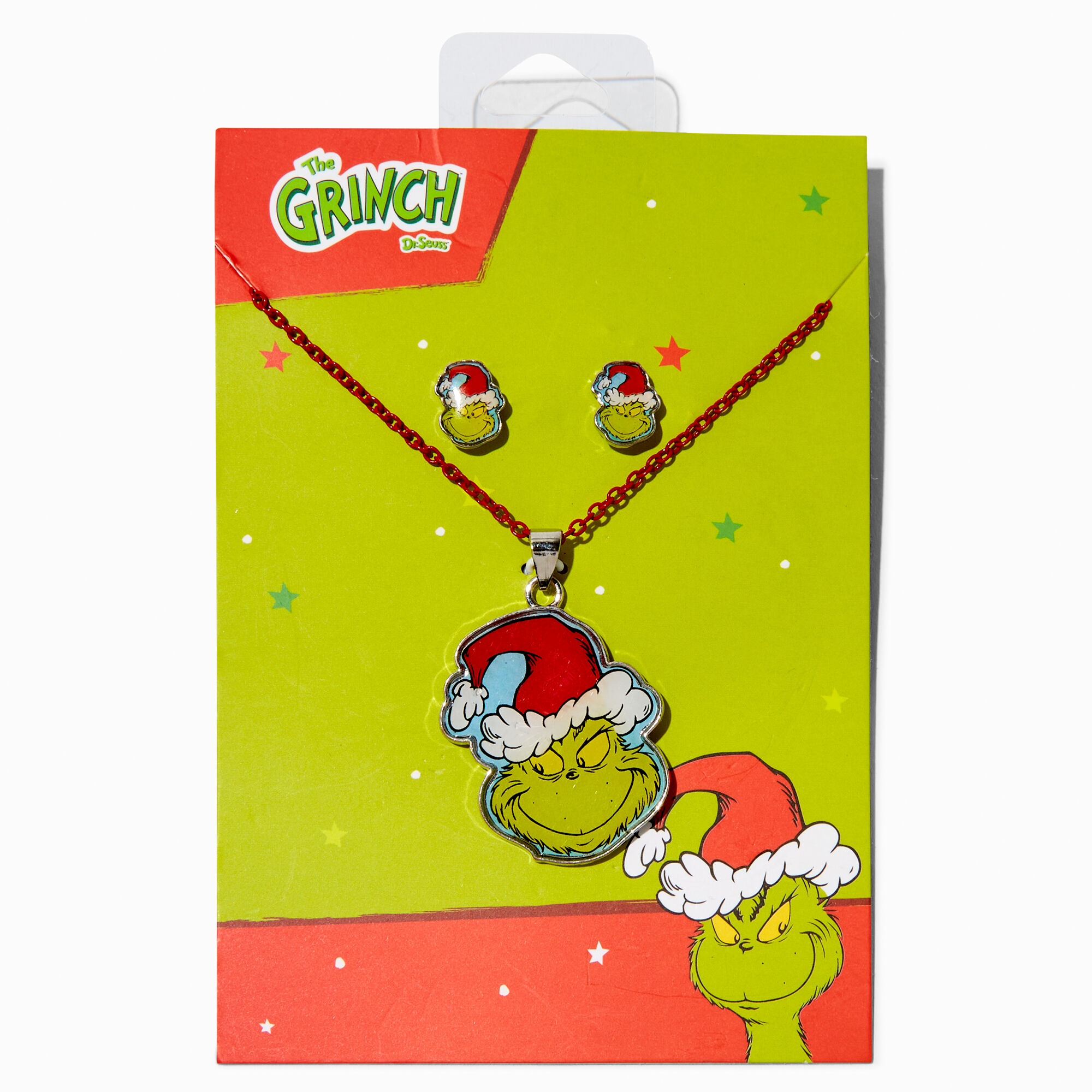 View Claires Dr Seuss The Grinch Santa Necklace Earrings Set Red information