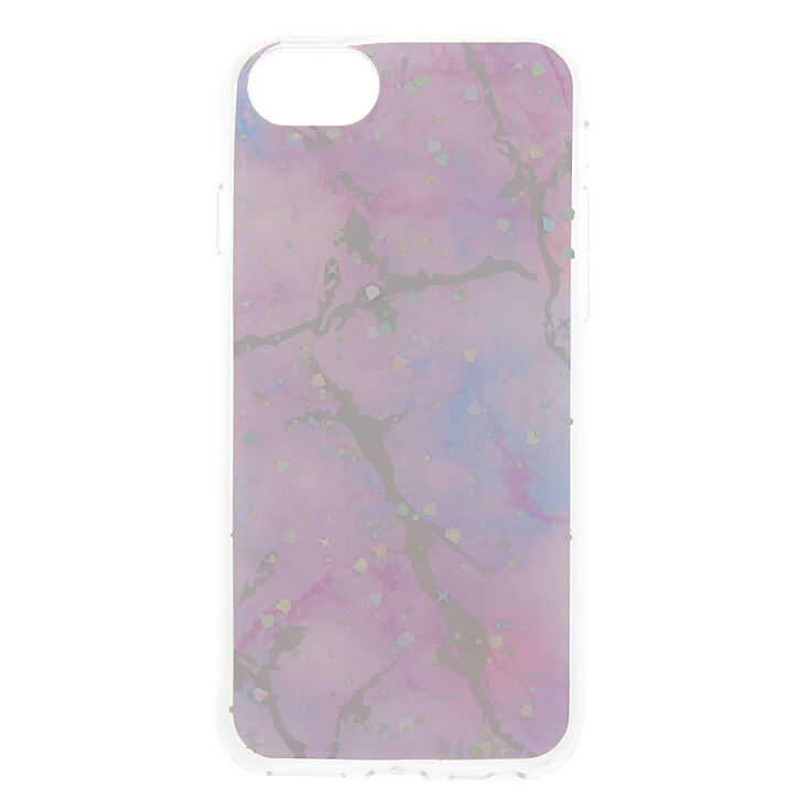 Coque de portable couleur lilas pastel et holographique effet marbr&eacute;,