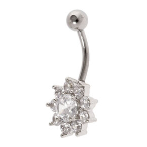 Silver-tone Stainless Steel Crystal Flower 14G Belly Bar,