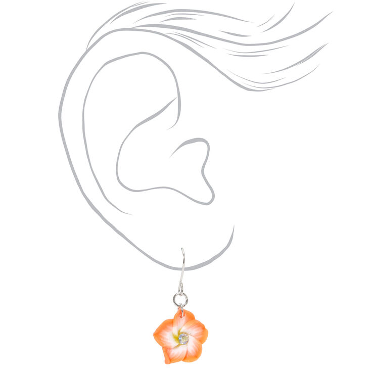 Silver 1&quot; Hibiscus Flower Drop Earrings - Coral,