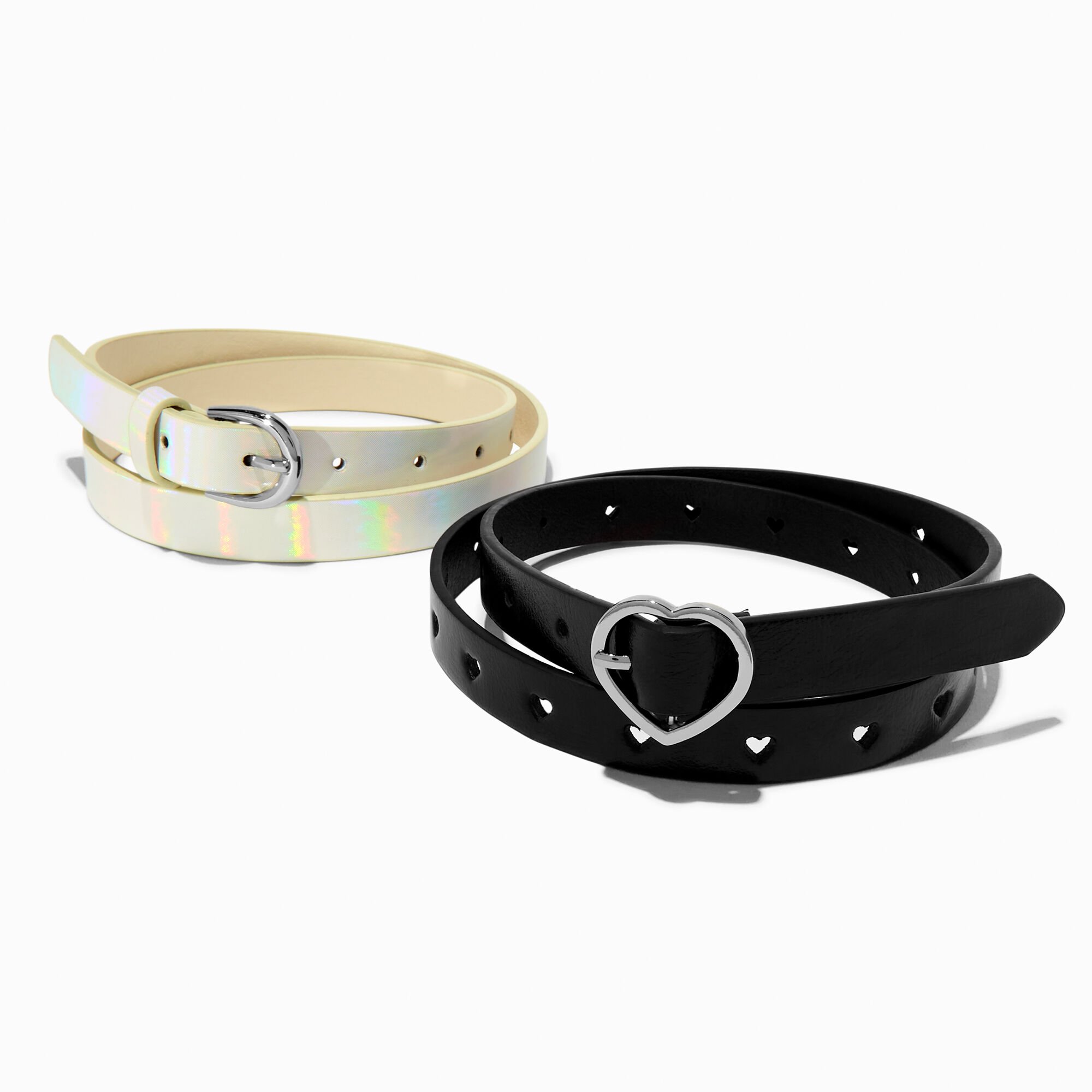 Iridescent & Heart Buckle Black Belt - 2 Pack, S/M,