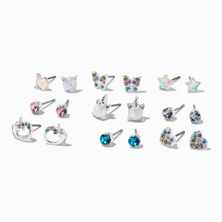 Silver Crystal Unicorns Stud Earrings - 9 Pack,