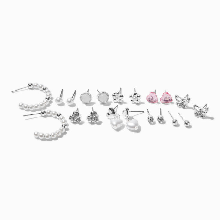 Boucles d&#39;oreilles empilables perle d&#39;imitation couleur argent&eacute;e - Lot de 10,