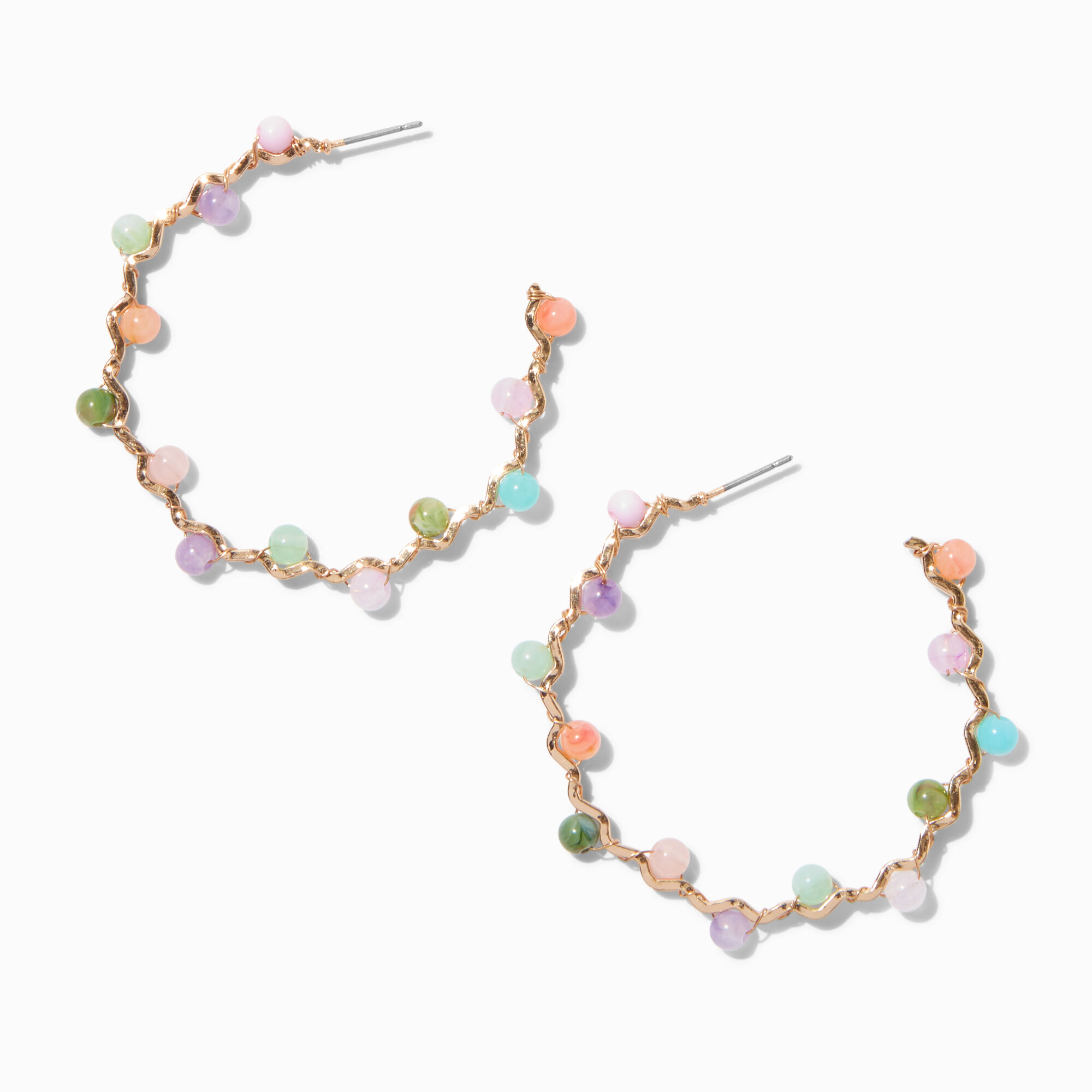 View Claires Rainbow Beaded Wiggle 30MM Hoop Earrings Gold information