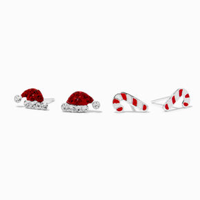 Sterling Silver Santa Hat &amp; Candy Cane Stud Earrings - 2 Pack ,