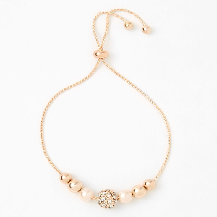 Rose Gold Crystal Fireball &amp; Pearl Bolo Bracelet,