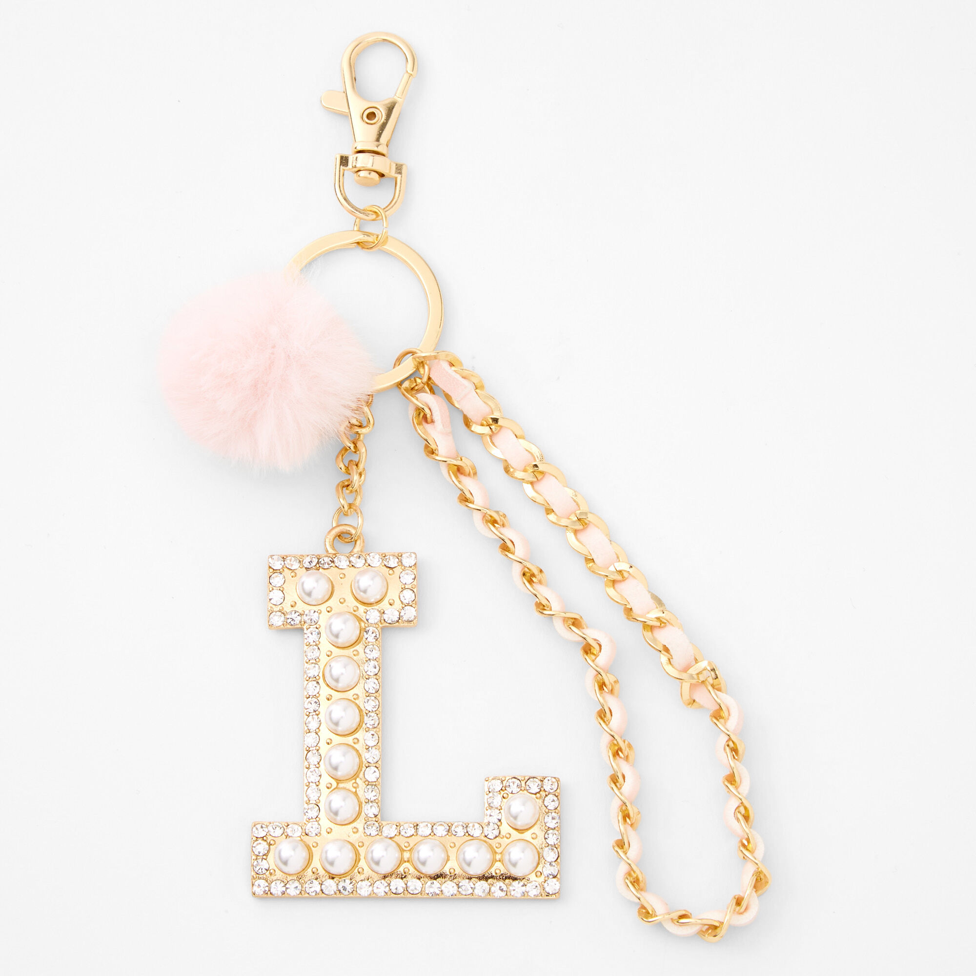 Gold Bling Initial Pom Pom Keychain - Pink, E