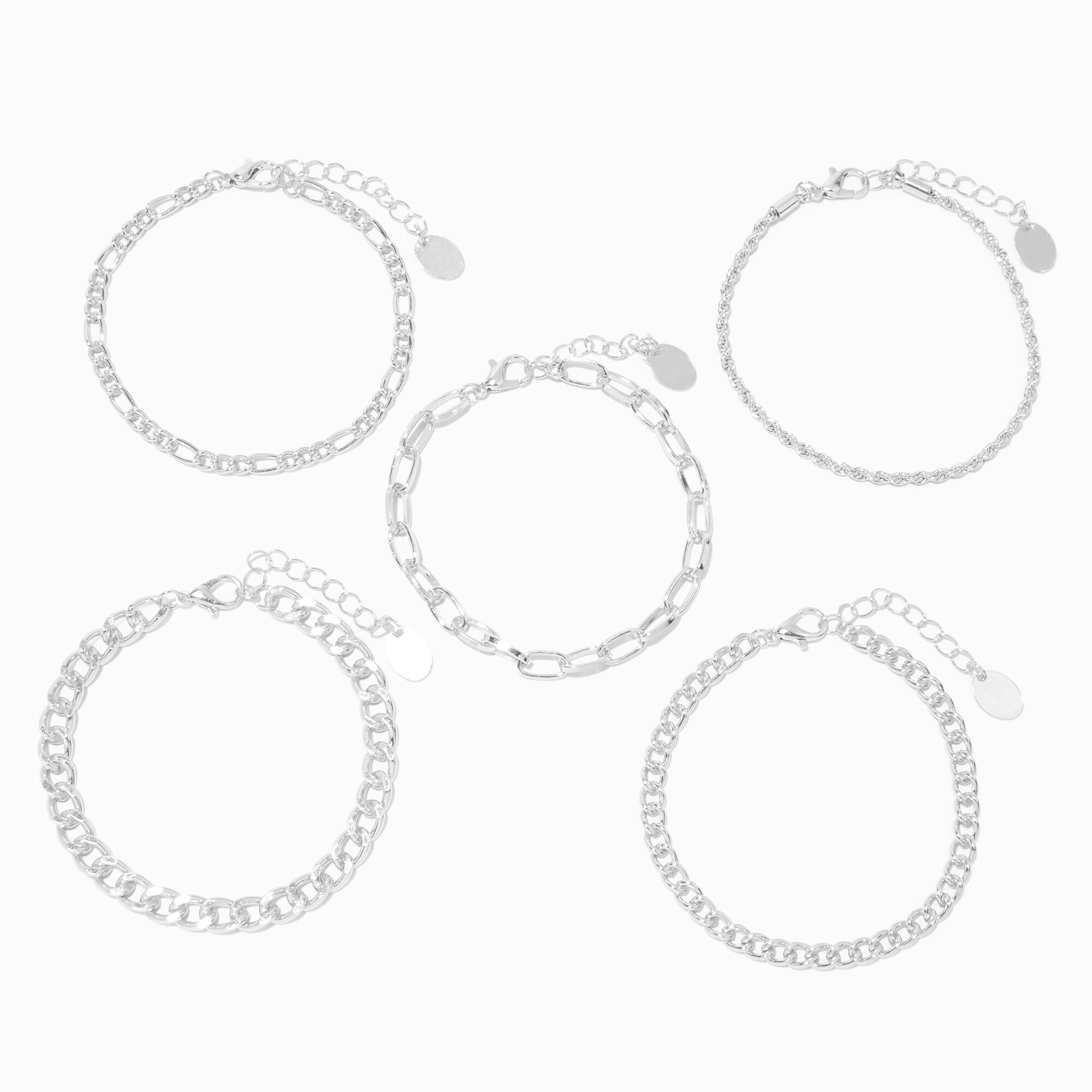 View Claires Tone Woven Chain Bracelet Set 5 Pack Silver information
