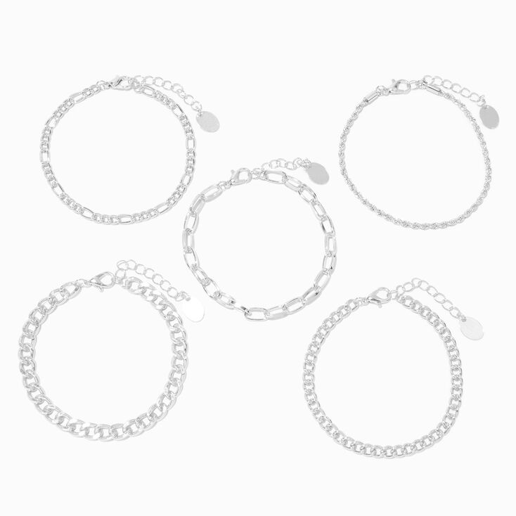 Bracelets de cha&icirc;nes tress&eacute;es couleur argent&eacute;e - Lot de 5,