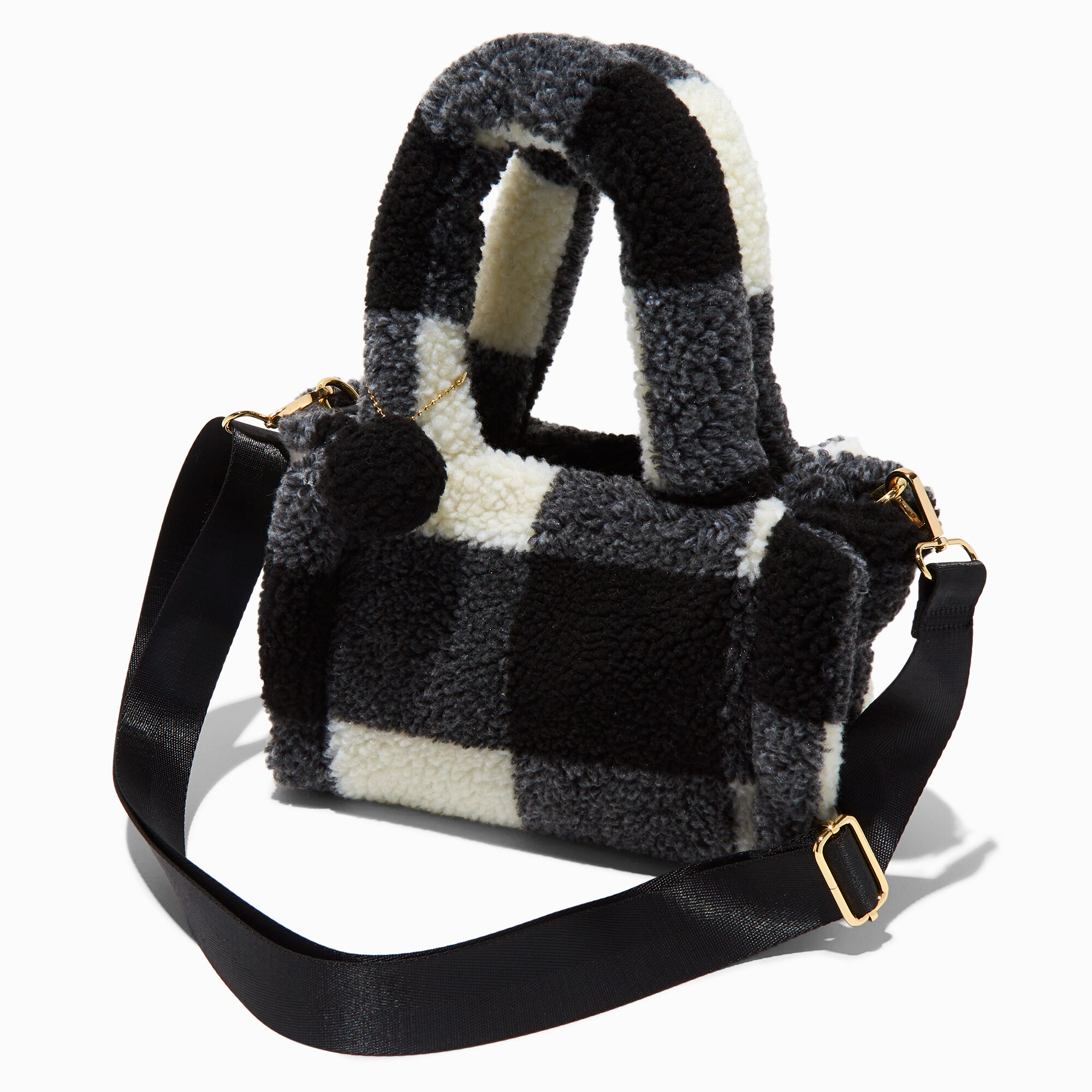 Black & White Plaid Sherpa Tote Bag