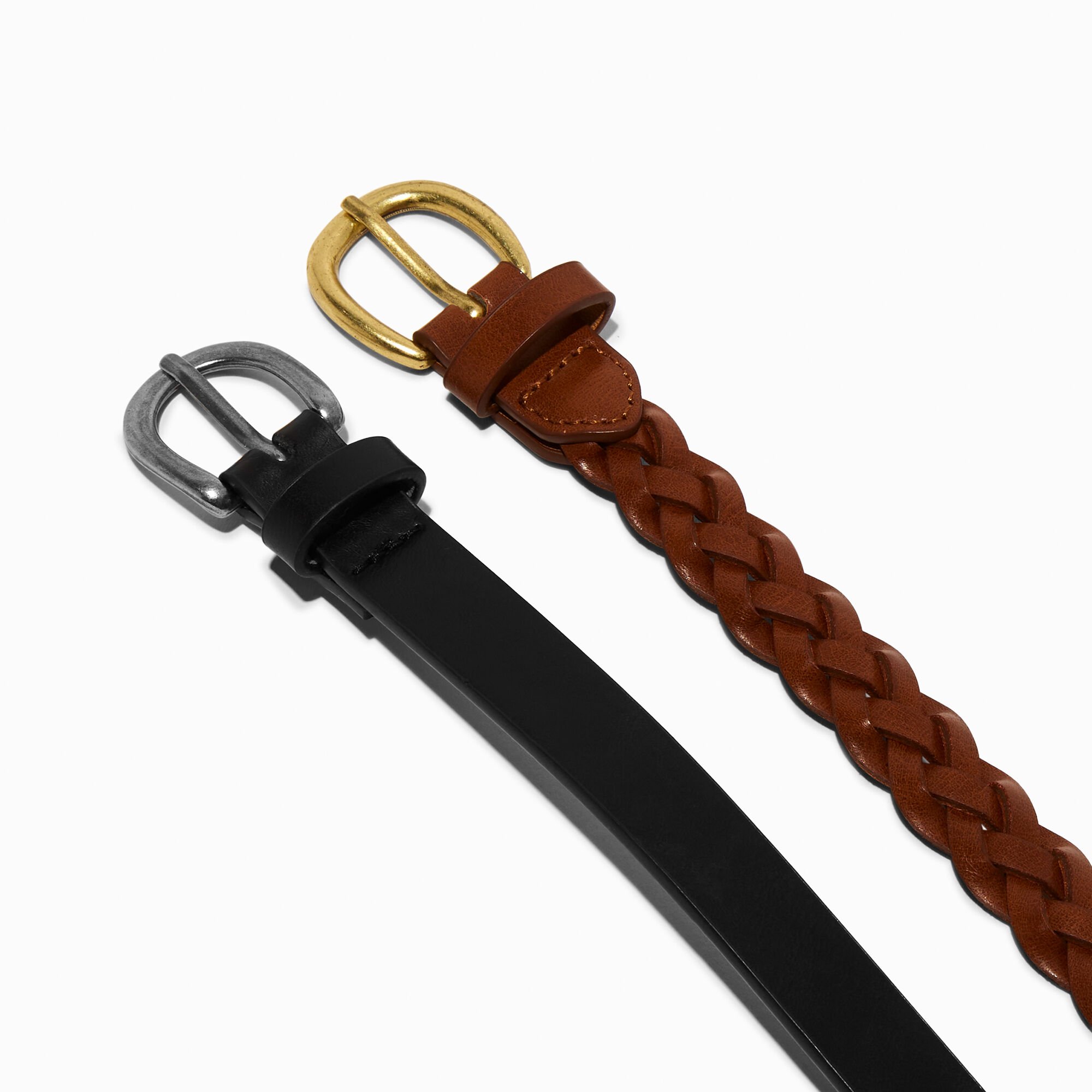 Black Flat & Brown Braided Belt - 2 Pack, S/M,