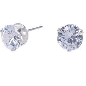 Silver-tone Cubic Zirconia Round Stud Earrings - 7MM,