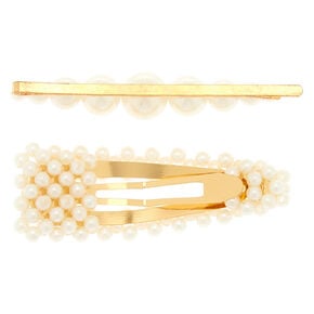 Gold Pearl Hair Pin &amp; Snap Clip - Ivory, 2 Pack,
