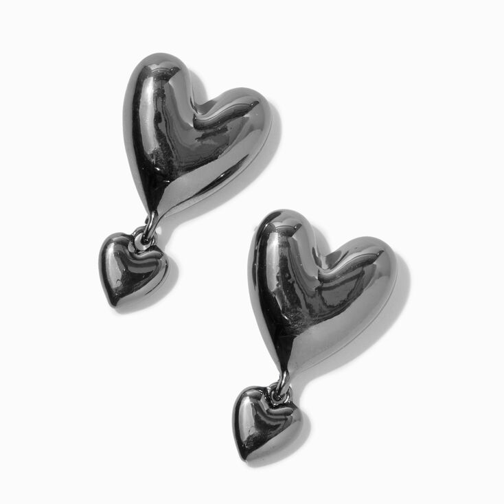 Hematite Double Puffy Heart 1.5&quot; Drop Earrings ,