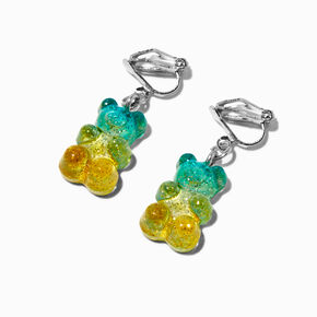 Green &amp; Yellow Ombre Glitter Gummy Bear 0.5&quot; Clip-On Drop Earrings,