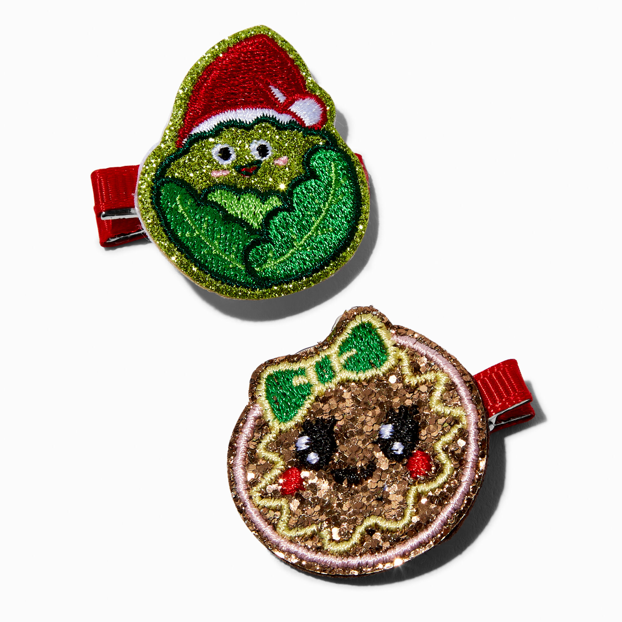 View Claires Figgy Pudding Brussels Sprouts Glitter Hair Clips 2 Pack information