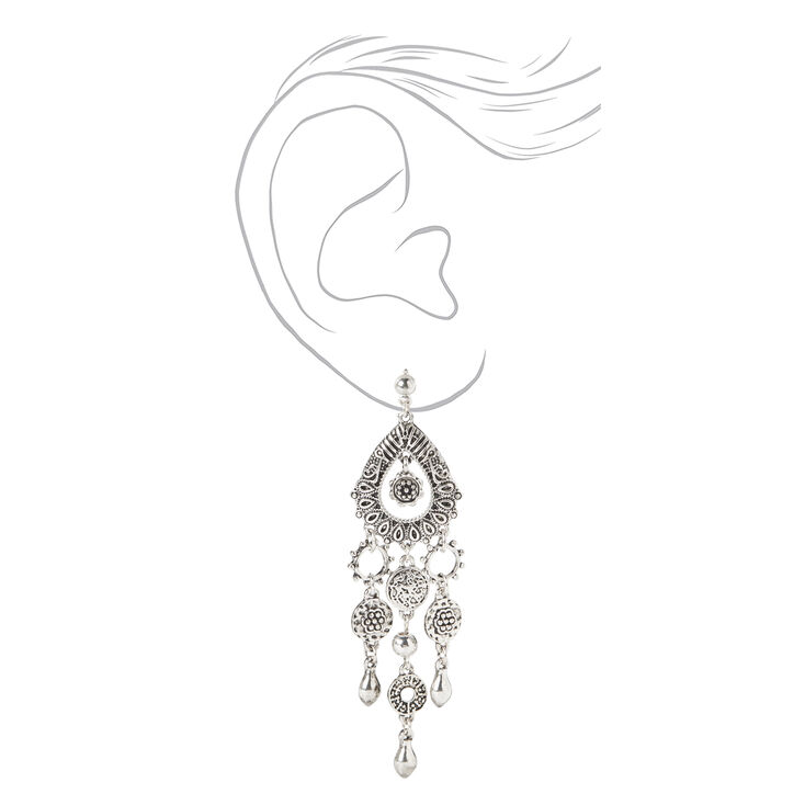 Silver 3&quot; Burnished Boho Teardrop Drop Earrings,