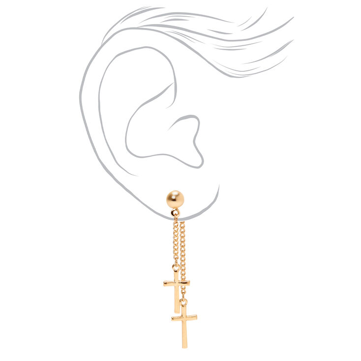 Gold 2&quot; Double Cross Front and Back Drop Earrings,