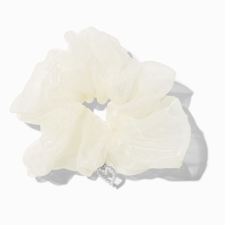 White Organza Heart Charm Hair Scrunchie,