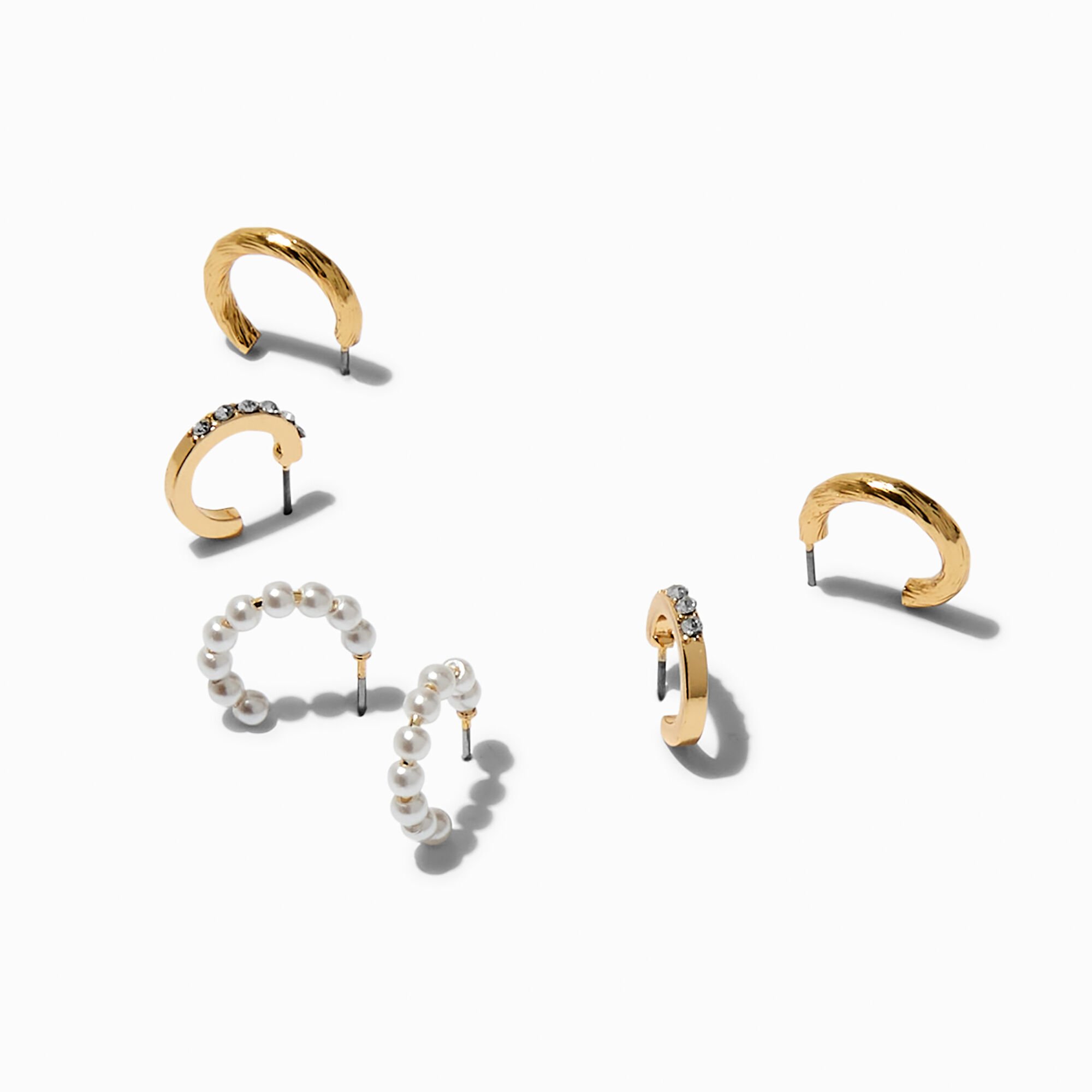 View Claires Tone Pearl Crystal Hoop Earring Stackables 3 Pack Gold information