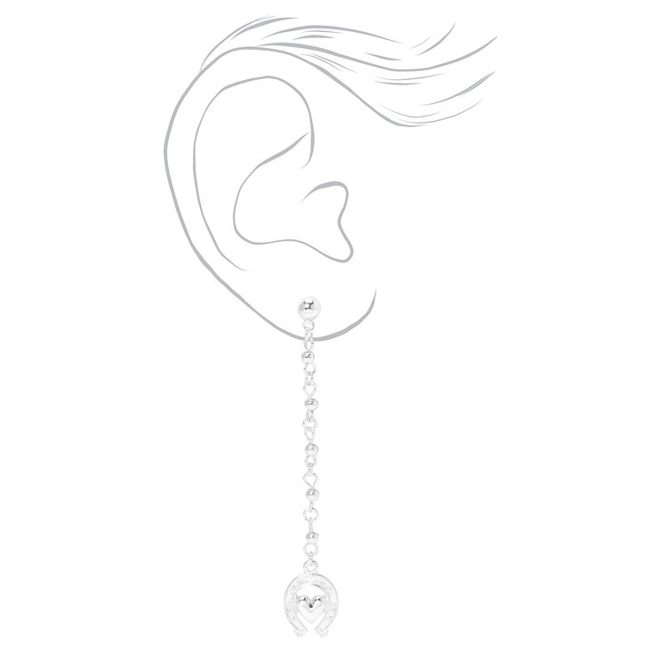 Silver Horseshoe Luck Heart 3&quot; Linear Drop Earrings,