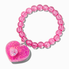 Claire&#39;s Club Pink Liquid-Filled Glitter Heart Stretch Bracelet,