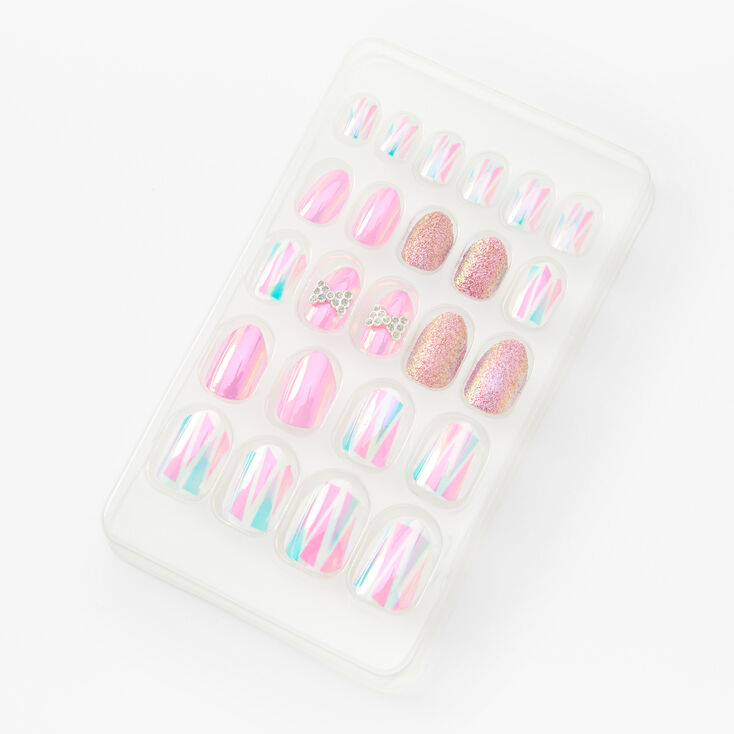 Holographic Bow Stilleto Press On Vegan Faux Nail Set - 24 Pack,